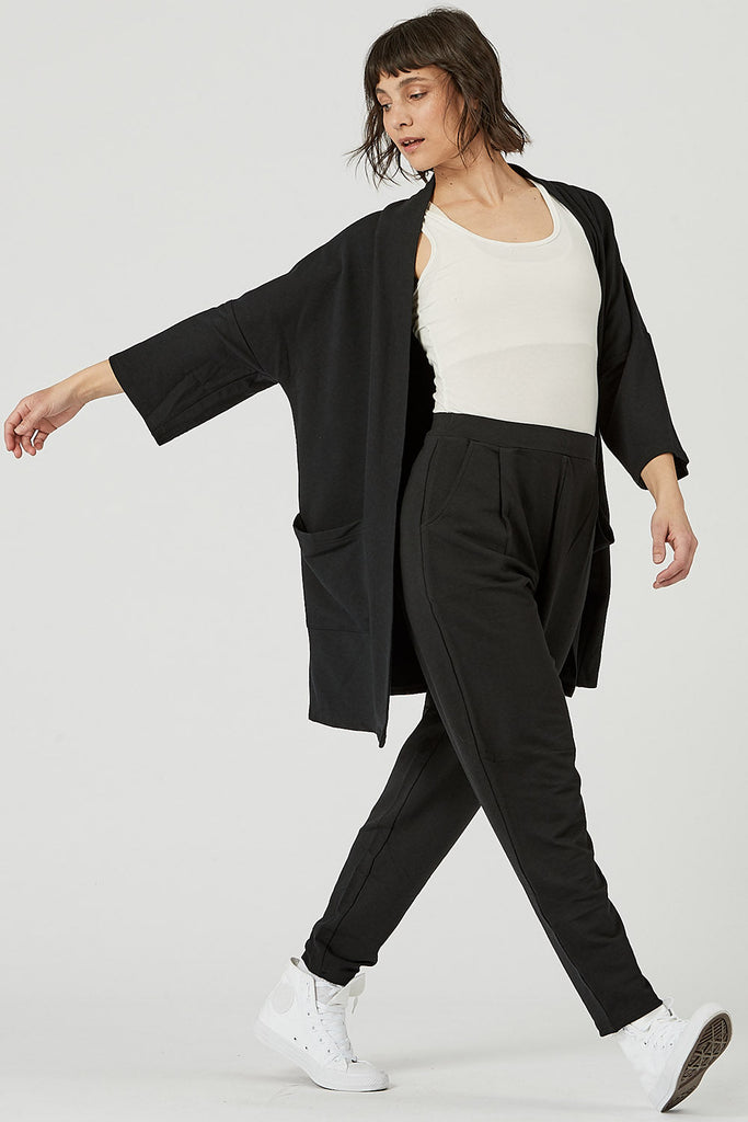 Woman wearing Tencel cardigan in black, Canadian made women's loungewear