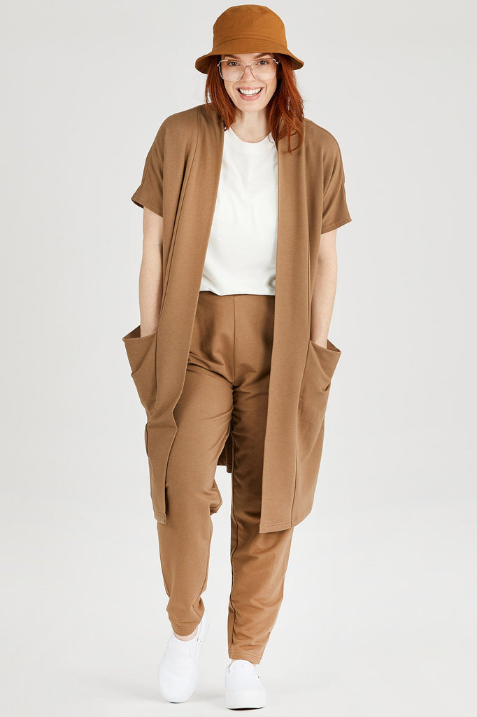 Woman wearing Tencel duster cardigan in brown, Canadian made loungewear