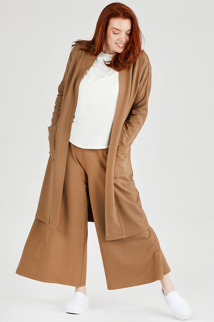 Woman wearing Tencel long cardigan in brown, Canadian made women's loungewear, front
