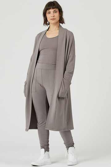 Woman wearing Tencel long cardigan in grey, Canadian made women's loungewear, front
