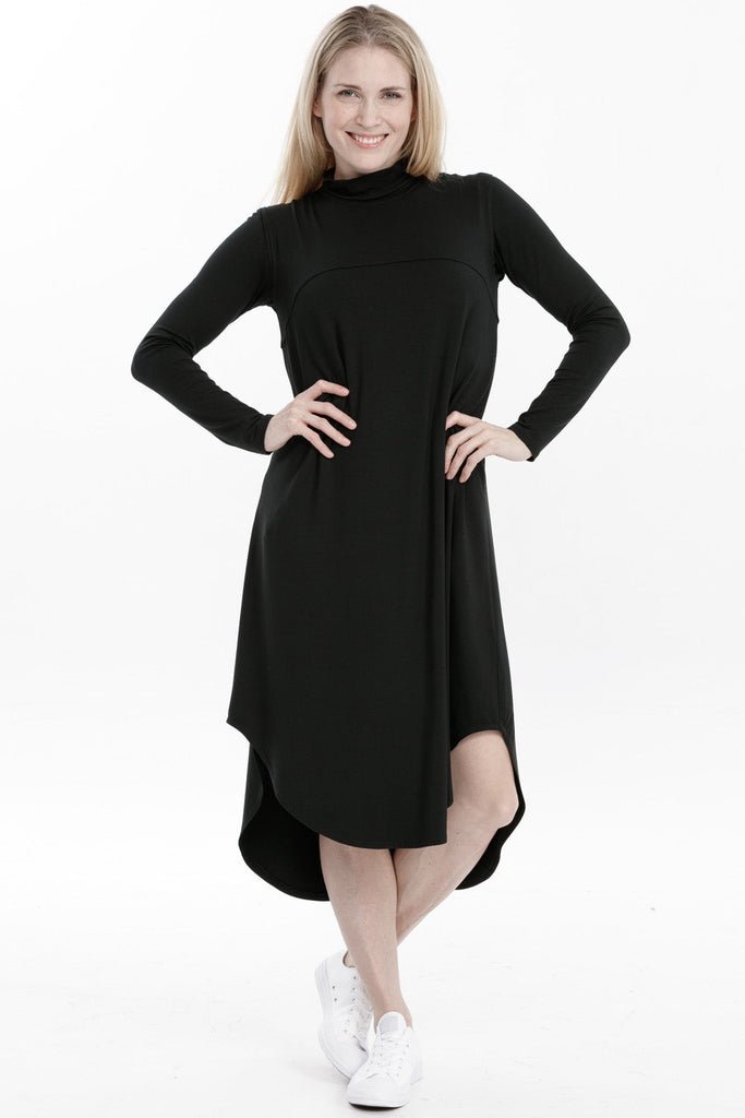 Woman wearing modal mock neck dress in black, Canadian made women's loungewear, front