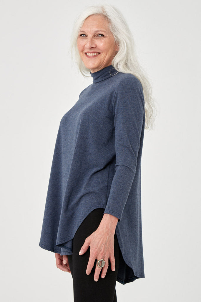 Woman wearing Modal mock neck top in grey, Canadian made women's loungewear, side