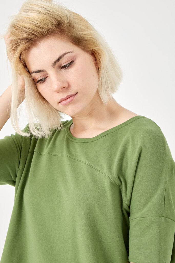 Woman wearing Tencel slouchy top in green, Canadian made women's loungewear, close