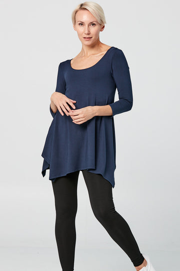Woman wearing Tencel 3/4 sleeve top in blue, Canadian made women's loungewear, front