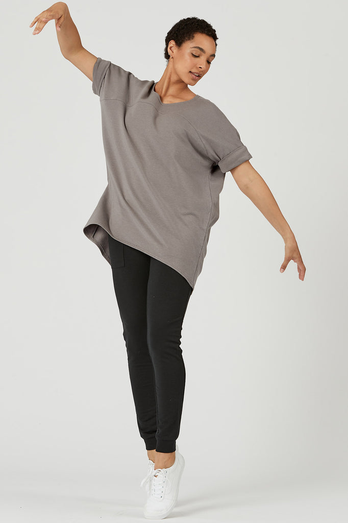 Woman wearing grey t-shirt, Canadian made women's loungewear.