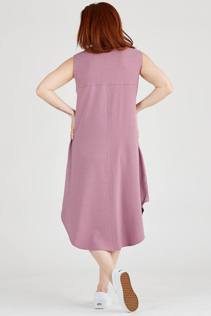Woman wearing Tencel scooped hem dress in pink, Canadian made women's loungewear, back