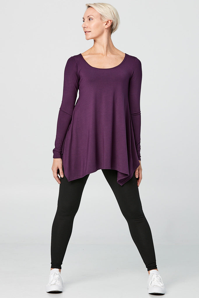 Woman wearing Tencel long sleeve top in purple, Canadian made women's loungewear, front