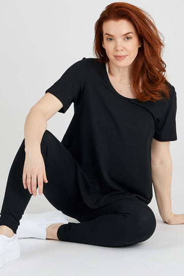 Women's Canadian made loungewear, black flowy t-shirt, front