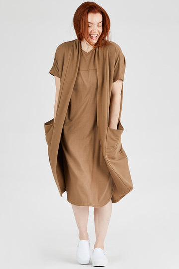 Woman wearing Tencel duster cardigan in brown, Canadian made loungewear, front