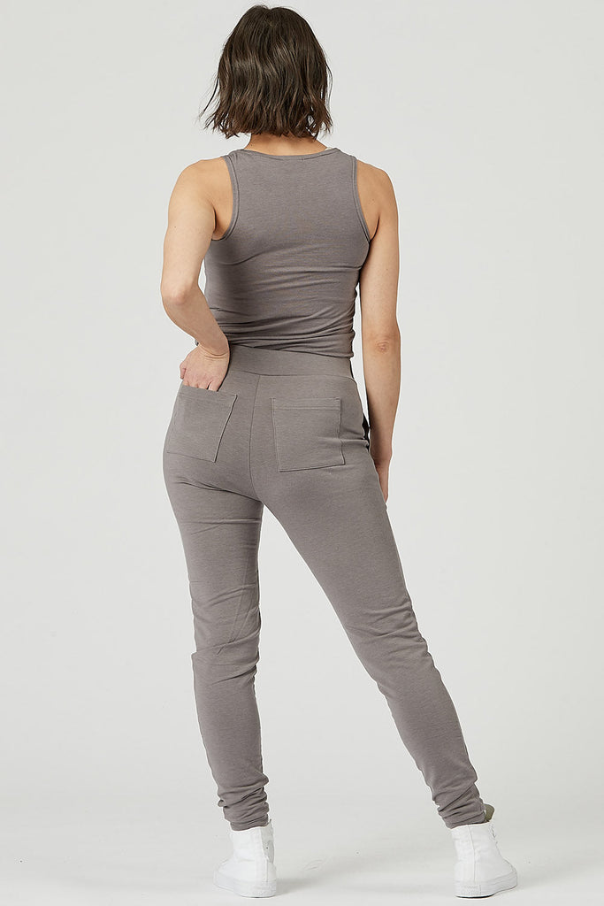 Woman wearing Tencel slim joggers in grey, Canadian made women's loungewear, back