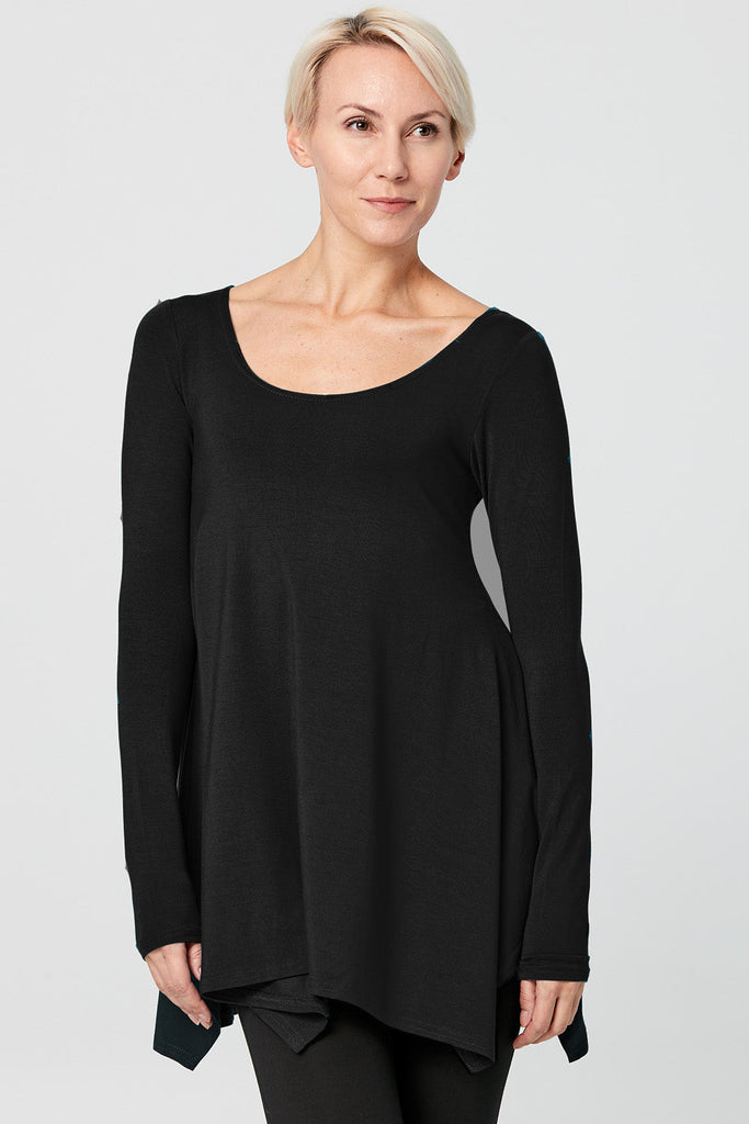 Woman wearing Tencel long sleeve top in black, Canadian made women's loungewear, front close
