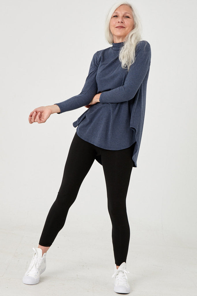 Woman wearing Modal mock neck top in grey, Canadian made women's loungewear, front