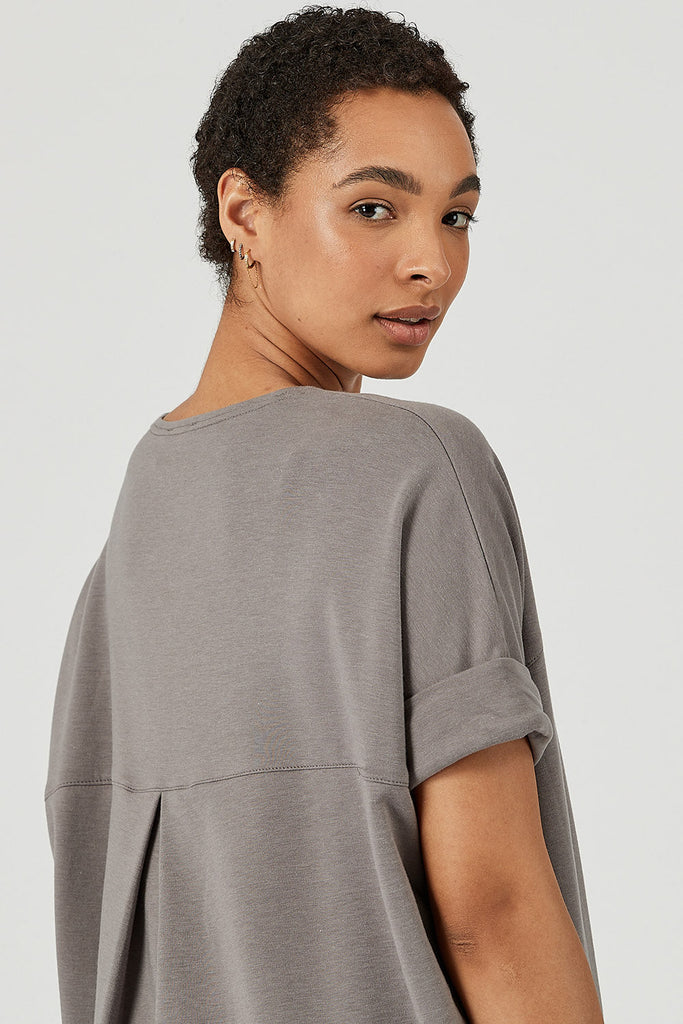 Woman wearing Tencel slouchy top in grey, Canadian made women's loungewear, back