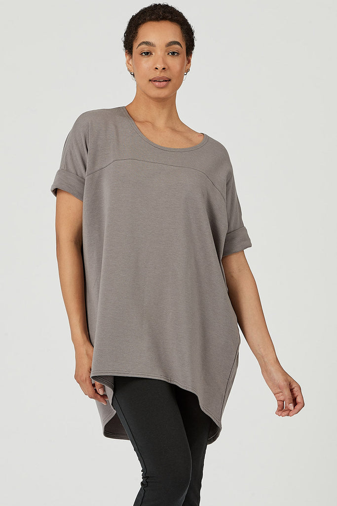 Woman wearing Tencel slouchy top in grey, Canadian made women's loungewear, front