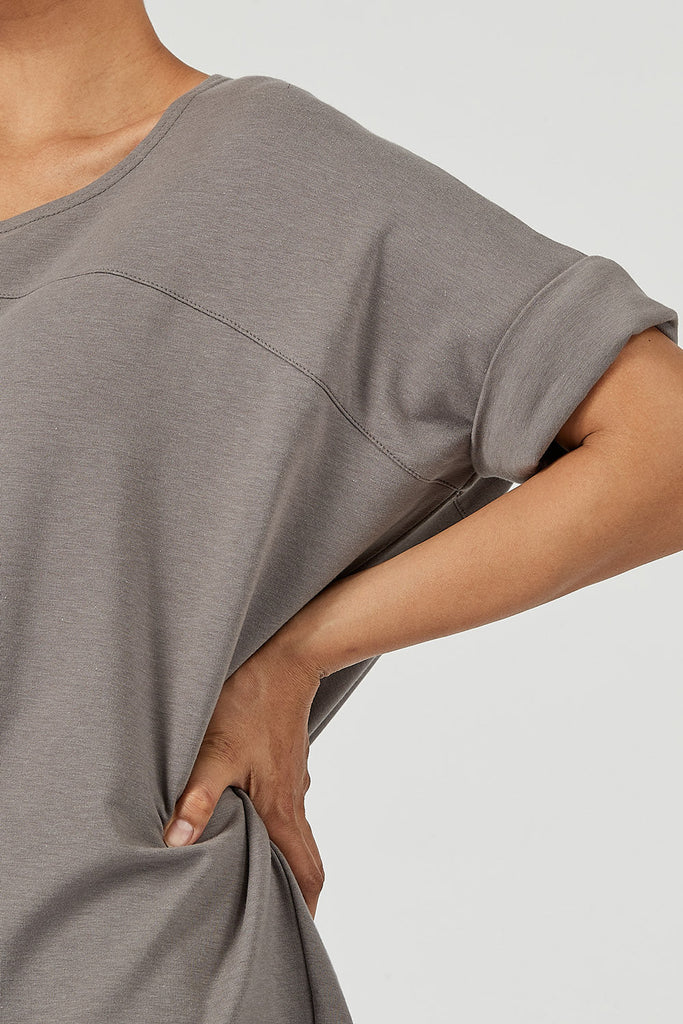 Woman wearing Tencel slouchy top in grey, Canadian made women's loungewear, sleeve