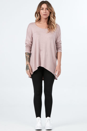 Woman wearing Tencel long sleeve slouchy top in light pink, Canadian made women's loungewear, front