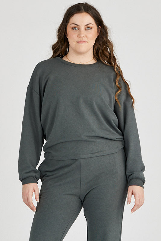 Woman wearing bamboo sweatshirt in grey, Canadian made women's loungewear, front