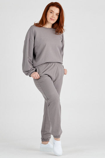 Woman wearing bamboo sweatshirt in light grey, Canadian made women's loungewear, front