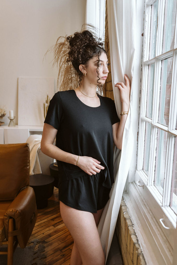 Women's Canadian made loungewear, black flowy t-shirt, front