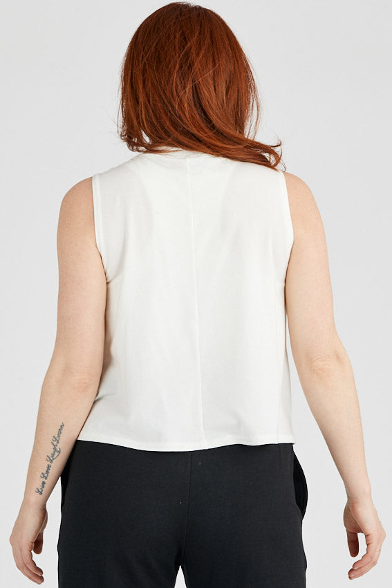 Woman wearing Tencel crop top in ivory, Canadian made women's loungewear, back
