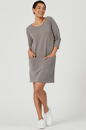 Woman wearing tencel tunic with pockets in grey, Canadian made women's loungewear, front