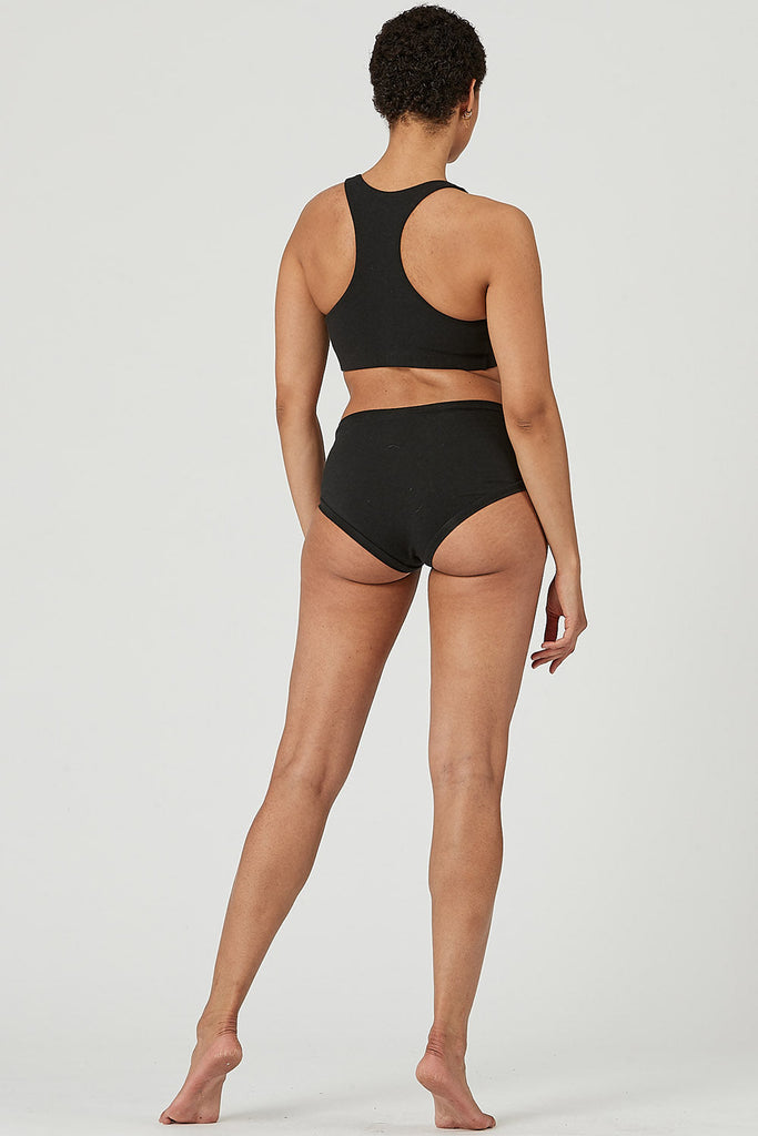 Woman wearing Tencel underwear in black, Canadian made women's loungewear, back